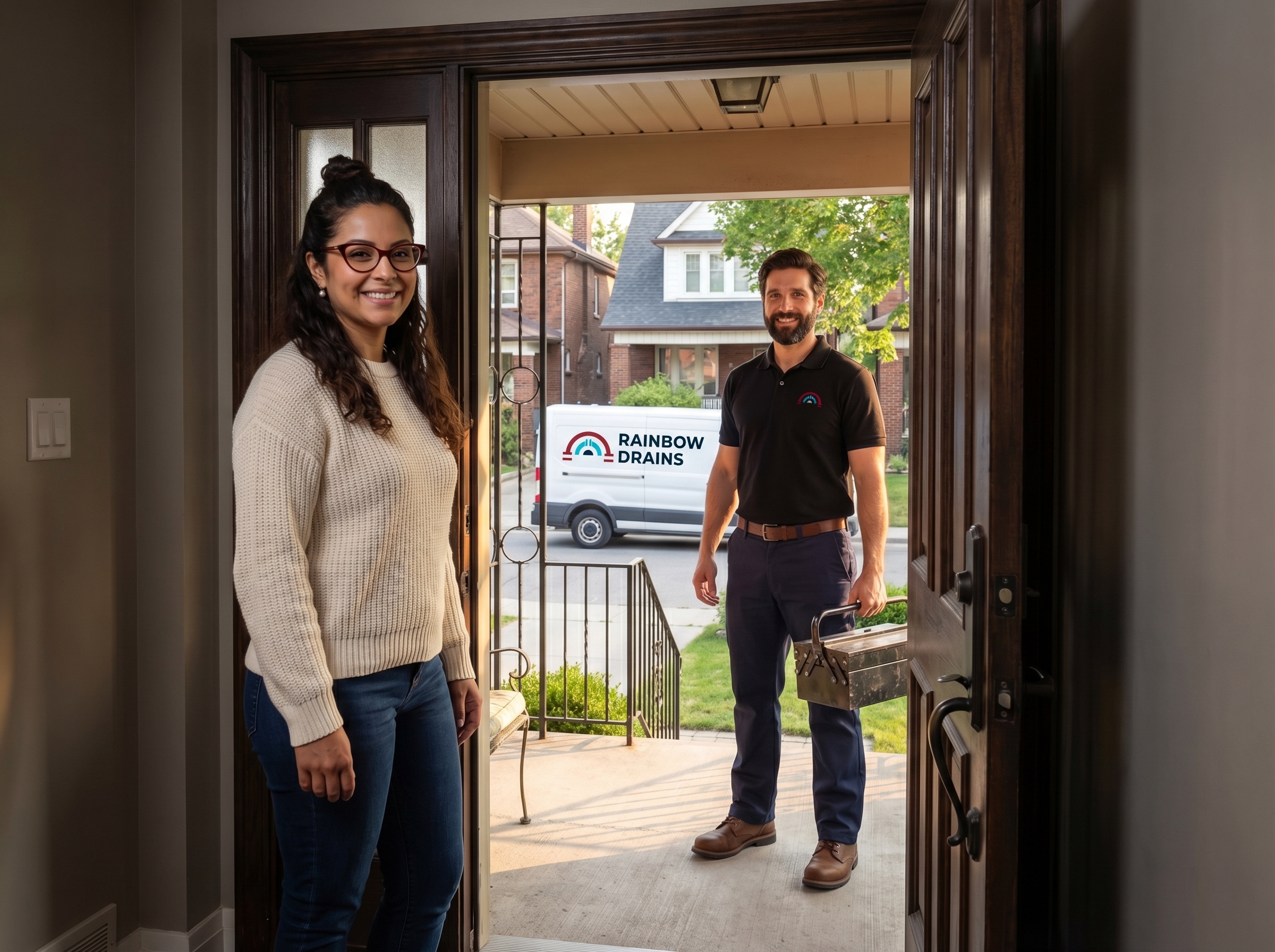 Rainbow Drains technician Thomas arriving at a Toronto home, greeted by homeowner Karina at the front door, service van visible in background